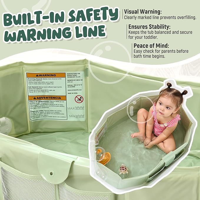 Toddler Bathtub for Shower (12M-5Y) – Large Collapsible Portable Tub Converts Shower Stall to Bath – Sturdy, Non-Slip with Mesh Storage Pocket & Fast Drain for Kids & Small Bathroom