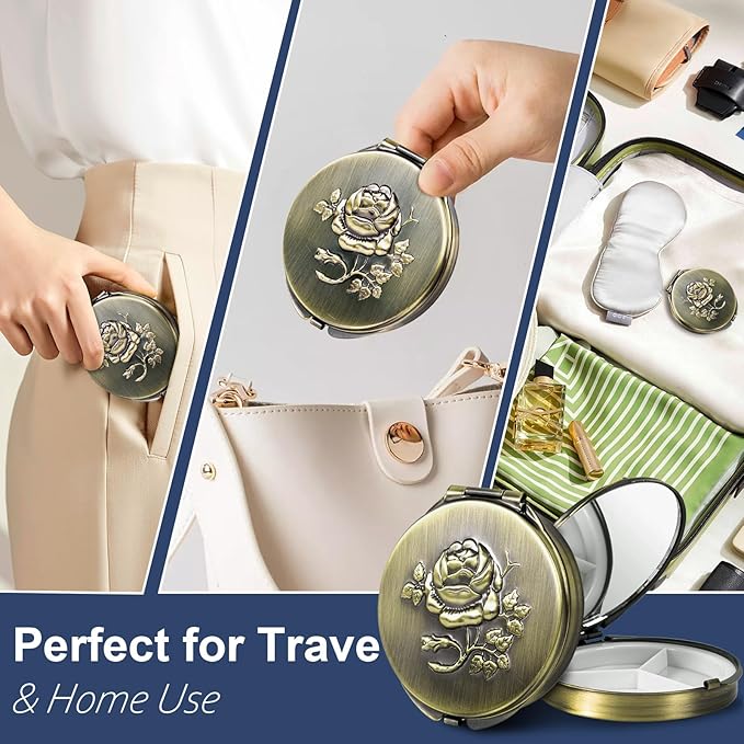 Portable Round Metal Pill Case with Mirror, Featuring 3 Compartments—Perfect for Travel. BPA-Free. (S-Bronze, Small)