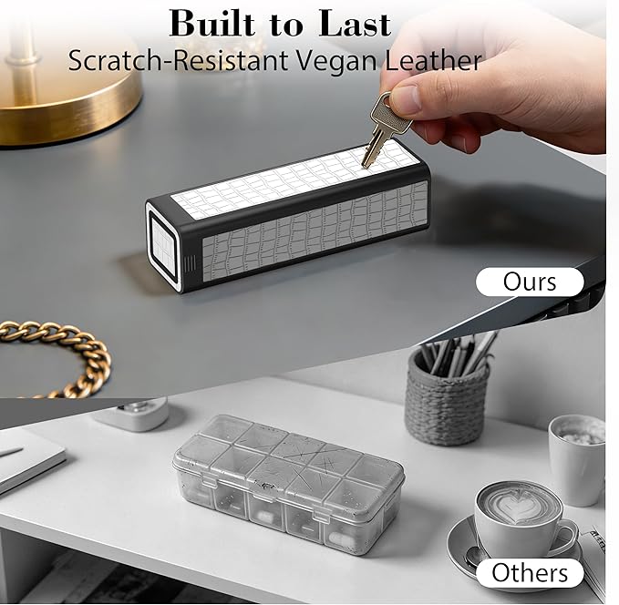 Weekly Pill Organizer 7 Day, Discreet Leather Pill Case for Purse or Pocket, Easy Slide-Out Daily Medication Planner, 1 Time a Day Travel Vitamin and Supplement Holder (White)