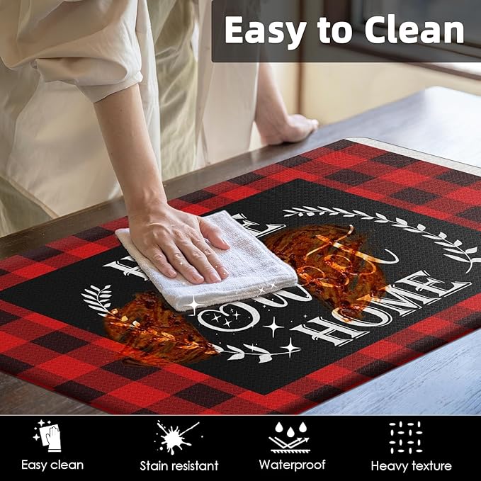 Arttown Black Red Anti-Fatigue Kitchen Rug Set of 2 Buffalo Plaid Cushioned Floor Standing Mat Waterproof Non-Slip Mat and PVC Ergonomic Comfort Foam Rug