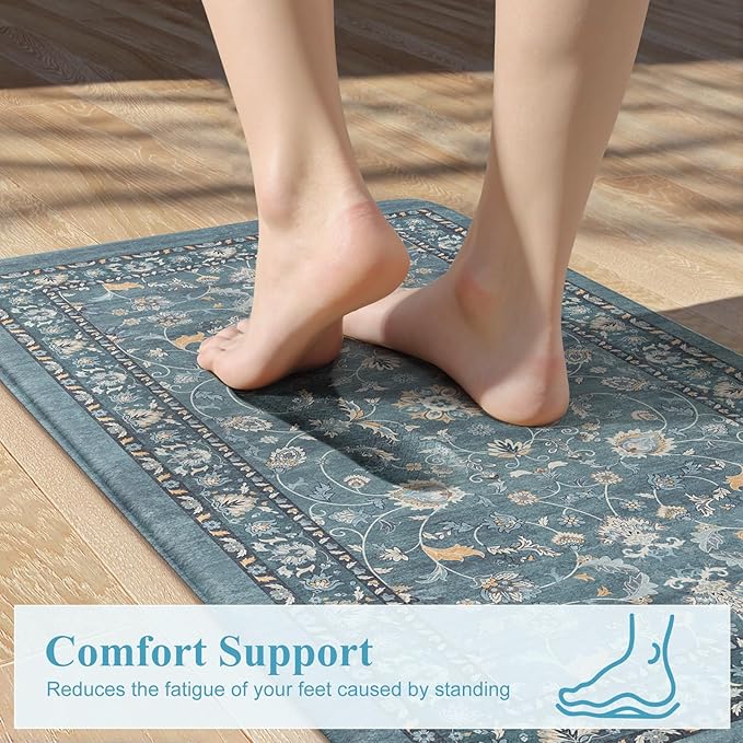 KIMODE Kitchen Floor Mats Cushioned Anti Fatigue,Comfort Memory Foam Kitchen Mats for Floor 2 Piece,Boho Vintage Floral Kitchen Rug Non Slip for Laundry Sink Office Home Decor,Blue