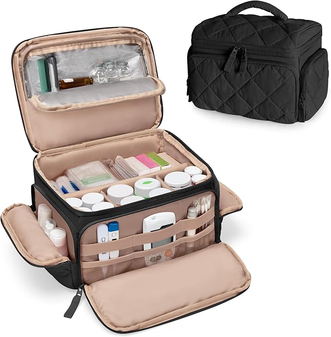 Medicine Organizer Bag with Insulated Pocket for Travel, Pill Bottle Storage Case with 4 Customized Dividers for Medication, Insulin and First Aid Supplies, Black (BAG ONLY)