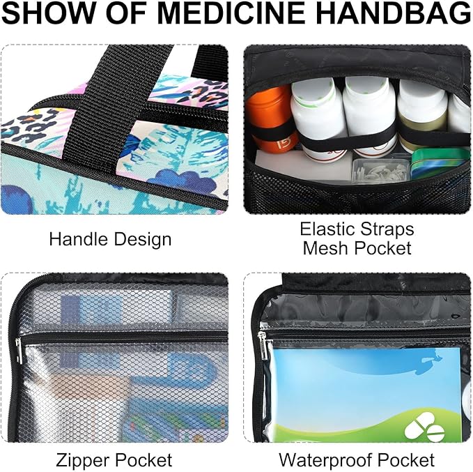 Naanle Pill Organizer Bag Travel Pill Bottle Medicine Organizer Home Storage Medication Bag for Vitamin Supplements, Leopard Spots Palm Leaves Empty First Aid Bag for Car Camping, 1.0 Count