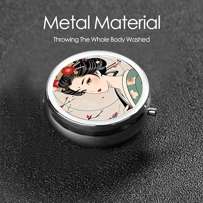 ZhongGuo Retro Japanese Geisha Printed Pill Organizer,Round Travel Pill Organizer Mini Medicine Pill Box for Purse Iron Plating
