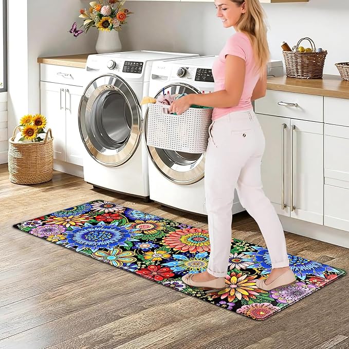 Likiyol Boho Kitchen Rugs Boho Floral Anti Fatigue Kitchen Mat for Floor Bohemian Flowers Non Slip Washable Kitchen Floor Mats, Comfort Standing Mat for Sink, Laundry, 18''x48'', 0.47" Th, Blue