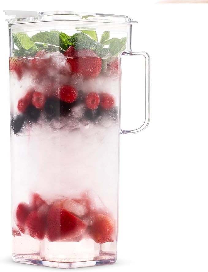 Komax Tritan Plastic Water Pitcher with Lid – BPA-Free, Square Water & Iced Tea Pitcher - Dishwasher Safe – Tea, Sangria, or Juice Containers with Lids for Fridge (2.4 Qt)