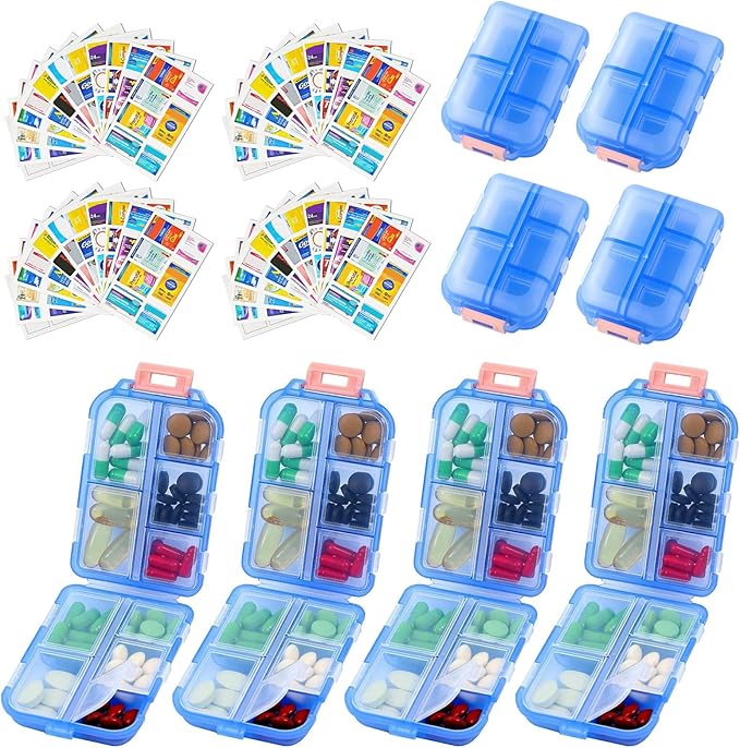 4PCS 7-Day Pill Organizer with Labels – Compact Daily Medication Case | Travel-Sized (3.7" x 2.4") Secure Lock | AM/PM Compartments | Includes 300+ Common Medicines Vitamins Health Product Sticker