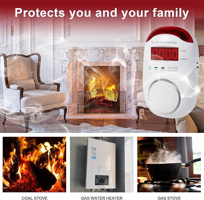 2 Packs Gas & Carbon Monoxide Detectors - Plug in Carbon Monoxide Detector & Propane, Natural Gas Detector, CO Monitor Alarm & Explosive Gas Detector Alarm for Home,RV