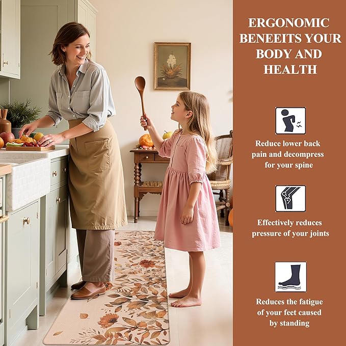 U'Artlines Fall Kitchen Rugs Sets of 2, Kitchen Mats Cushioned Anti Fatigue Printed on Both Sides, Autumn Pumpkin Flowers Comfort Desk Standing Rugs for Halloween Home Fall Decoration 17"x28"+17"x47"