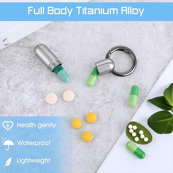 Small Pill Case Keychain Portable Waterproof Titanium Pocket Pill Organizer Tiny Pill Holder Bottle Carabiner Clip Pill Holder Bottle for Outdoor Camping Travel Purse