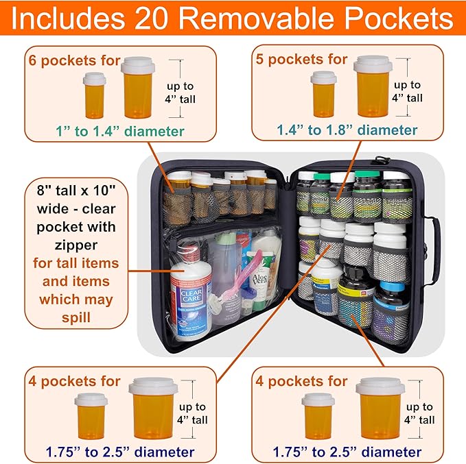 Extra-Large Pill Bottle Organizer, Medicine Bag, Carrier for Medications, Vitamins, and Medical Supplies - Modular Travel Medicine Organizer and Home Storage Med Bag - Dark Gray (with Lock)