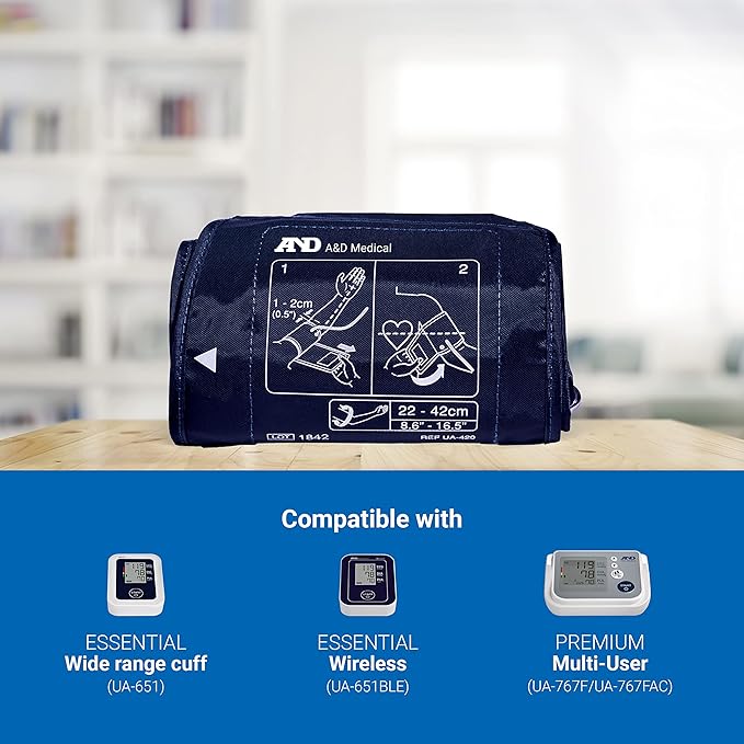 A&D Medical Wide Range Blood Pressure Cuff Replacement (8.6-16.5" / 22-42cm), Latex Free Blood Pressure Cuff, UA-420A ISO-Compliant Connector for Home Use A&D Medical Blood Pressure Monitors