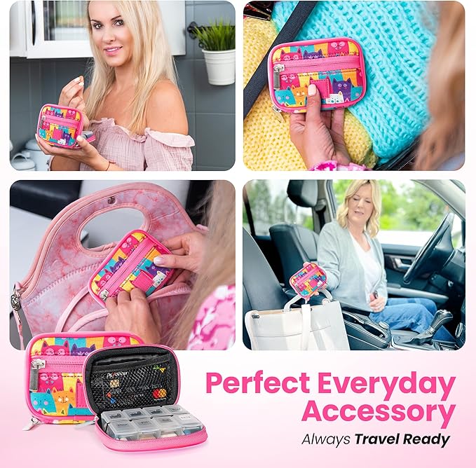 Made Easy Kit Pill Case - Weekly Medicine Organizer with Removable Seven-Day Vitamin & Supplement Box - Premium Neoprene for Travel Purse Accessory (Colorful Cat)