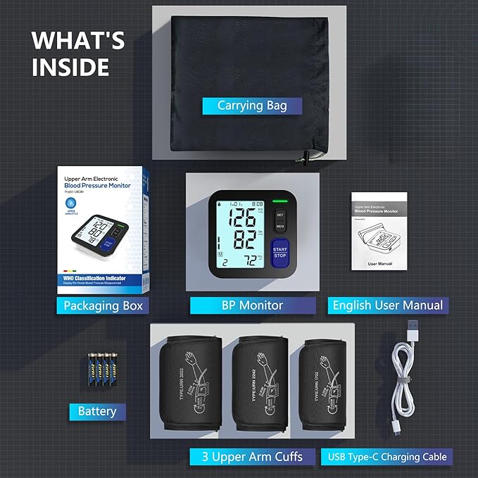Blood Pressure Machine Upper Arm, 3 Size Cuffs, Small 7"-9", Medium/Large 9"-17" and Extra Large X-Large Cuff 13"-21", Accurate Automatic Digital BP Monitor Home Use, 4 AAA Alkaline Batteries Included