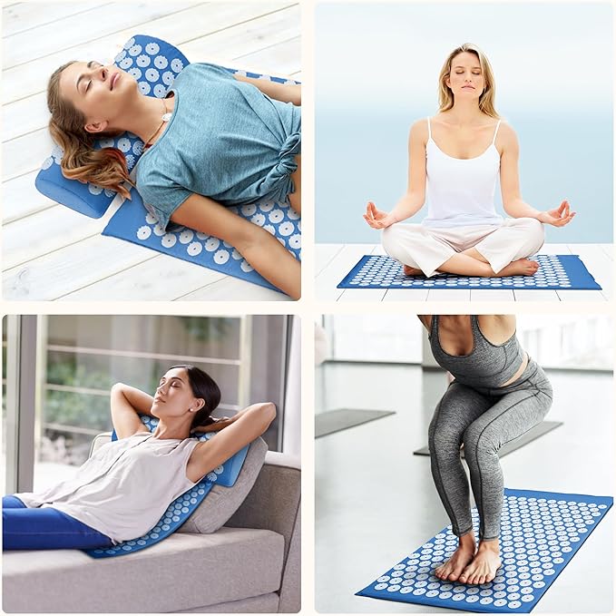 Fitvids Acupressure Mat and Pillow Set for Back/Neck Pain, Acupuncture Products to Relieve Muscle Fatigue, Improve Insomnia for Sedentary People, Acupuncture Eases Stress, Massage Mat, Blue