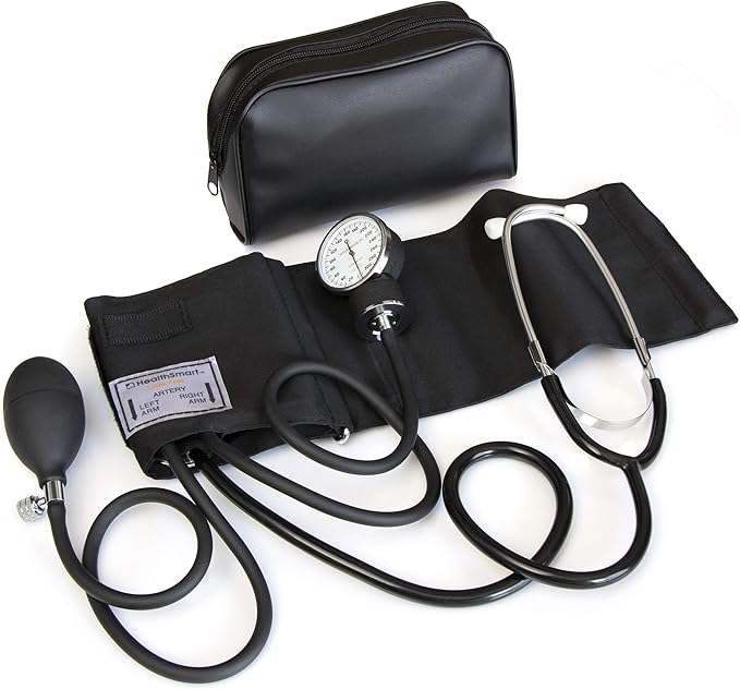 HealthSmart Manual Blood Pressure Monitor, Self Taking Blood Pressure Kit, With Cuff Size 13-17 Inches with Attached Stethoscope, Black, Adult Large