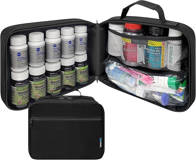 Large Pill Bottle Organizer - 10 Elastic Bands for Bottles - Medicine Bag for Travel & Home Storage - Black