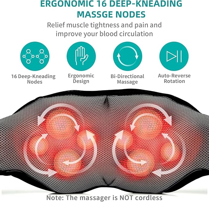 Nekteck Cordless Shiatsu Neck and Back Massager with Soothing Heat, Rechargeable Electric Deep Tissue 3D Kneading Massage Pillow for Shoulder Leg Body Muscle Pain Relief, 3 Speed Intensities