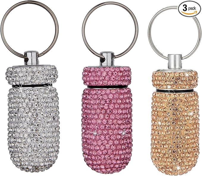 3PCS Bling Crystal Rhinestone Portable Pill Case Pill Container Waterproof Pill Holder with Keychain Glitter Travel Pill Box Small Medicine Dispenser Bottle Storage for Outdoor Camping Travel,8