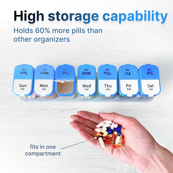 Extra Large Weekly Pill Organizer Set - 2 XL Vitamin Holders with 7 Detachable AM PM Compartments - Reliable Medicine Dispenser for Home and Travel, Portable Supplement Container, Rainbow & Blue/White