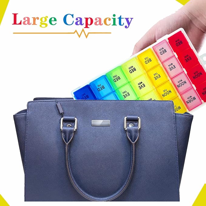 Weekly Pill Organizer 4 Times a Day, Medicine Organizer Box, Travel Daily Pill Box Organizer 7 Day, Pill Case, Pill Container Holder for Hold Vitamins/Fish Oils.