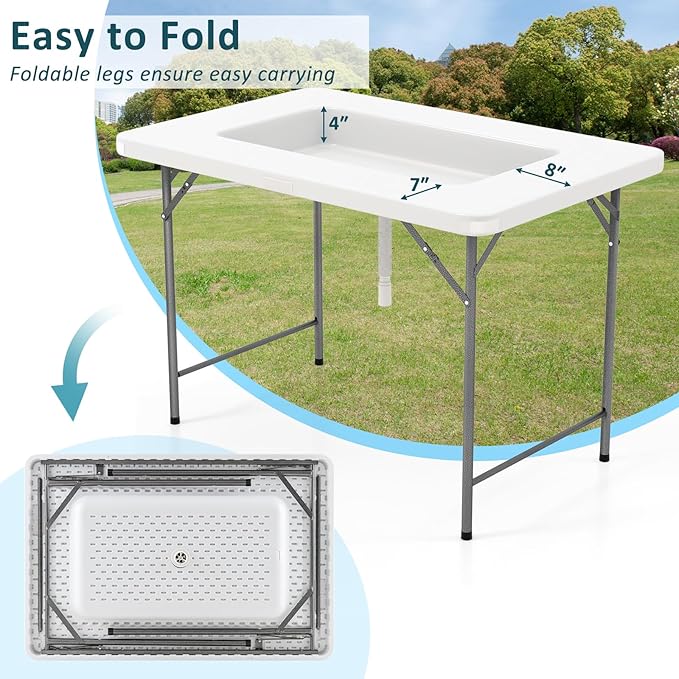 Giantex Foldable Ice Bin Table with Drain & Bucket, Removable Skirt, 48" x 32" HDPE Cooler Table for Parties, Catering, Weddings, Outdoor Events, Portable Fill and Chill Beverage Serving Station