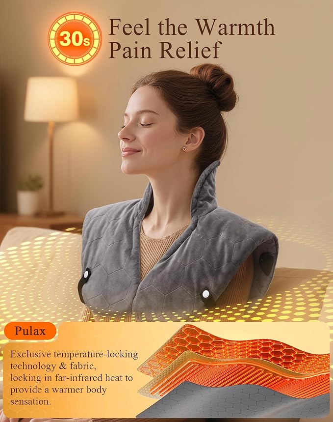 Weighted Heating Pad for Neck and Shoulders and Back, 30s Fast Heating Pads for Pain Relief,160℉ Ergonomic Heated Wrap with 8 Temp & 16 Auto-Off Timers, Gifts for Women Men (Dark Grey)