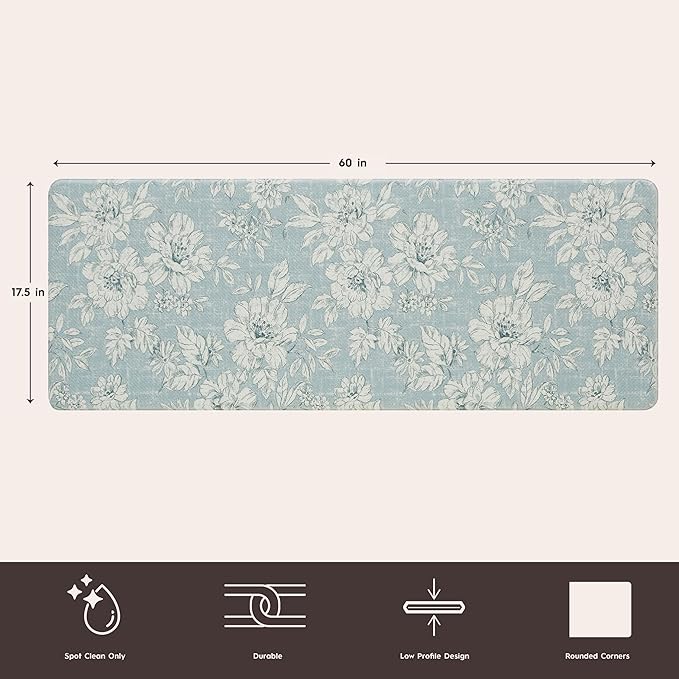Laura Ashley - Anti-Fatigue Kitchen Mat, Iris Floral Design, Stain, Water & Fade Resistant, Cooking & Standing Relief, Non-Slip Backing, Measures 17.5" x 60", Light Blue