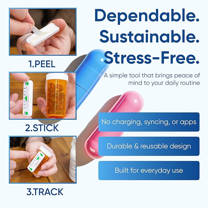 PillSavvy™ Daily Pill Tracker – Non-Digital, Reusable Medication Reminder for Bottles & Organizers – Easy to Use, Curved Back – Track Prescriptions, Vitamins, Supplements & Pet Meds (White, 5 Pack)