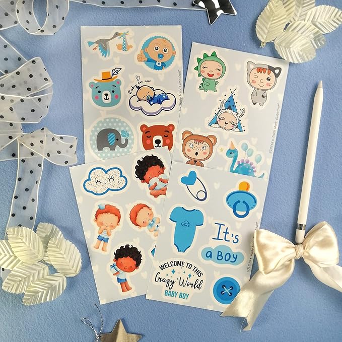 BulbaCraft 100Pcs Boy Stickers for Shower, Newborn Stickers, Shower Favors for Boys, Elephant Decals, Gifts for Women & Men