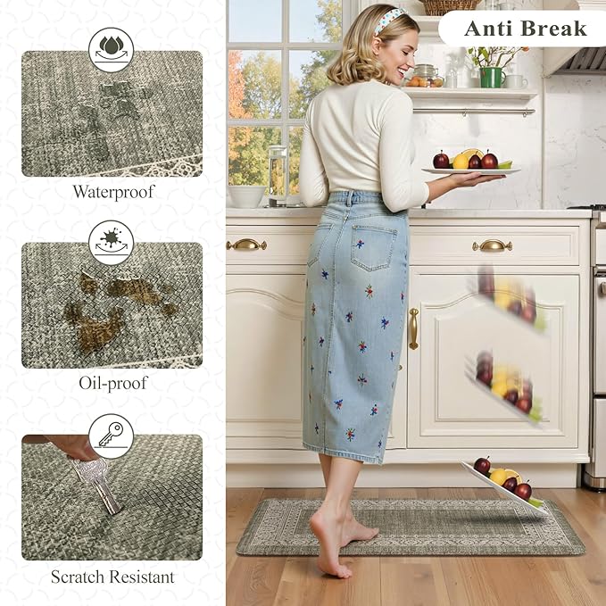 LEEVAN Green Kitchen Mats for Floor Sets of 2,Anti Fatigue Cushioned Memory Foam Kitchen Mat,Farmhouse Ergonomic Boho Non Slip Kitchen Floor Mat for Sink,Laundry,Home,Office,Desk(17''x29''+17''x47'')