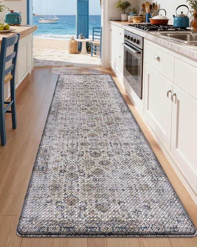 LUMI 2025 Upgraded Anti Fatigue Cushioned Kitchen Mat for Floor, Non-Slip Comfort PVC Padded Mats with Faux Leather Surface for Desk Office, Sink, Laundry, 24"x87"