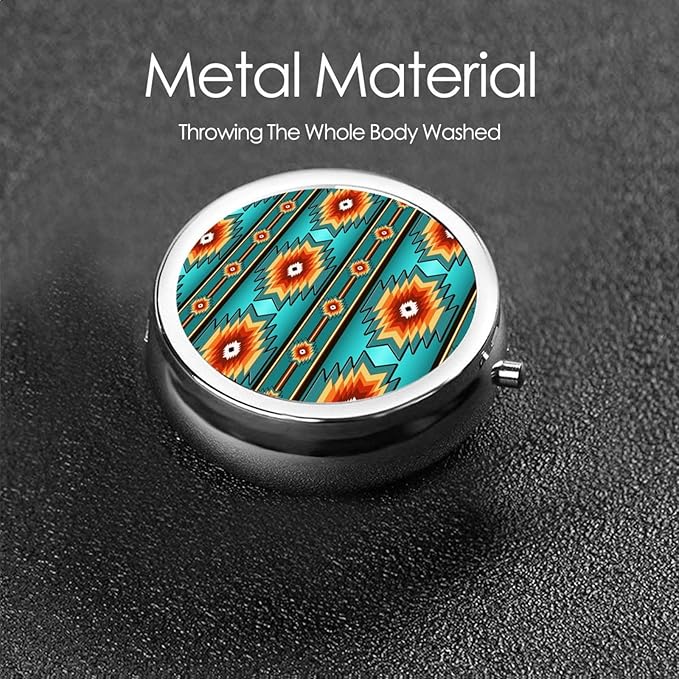Pill Box Three-Compartment Medicine Pill Case, Portable Medicine Tablet Holder Organizer for Purse Pocket Travel Gift, Ethnic Aztec Turquoise Geometric Indiana Western Southwest Pattern