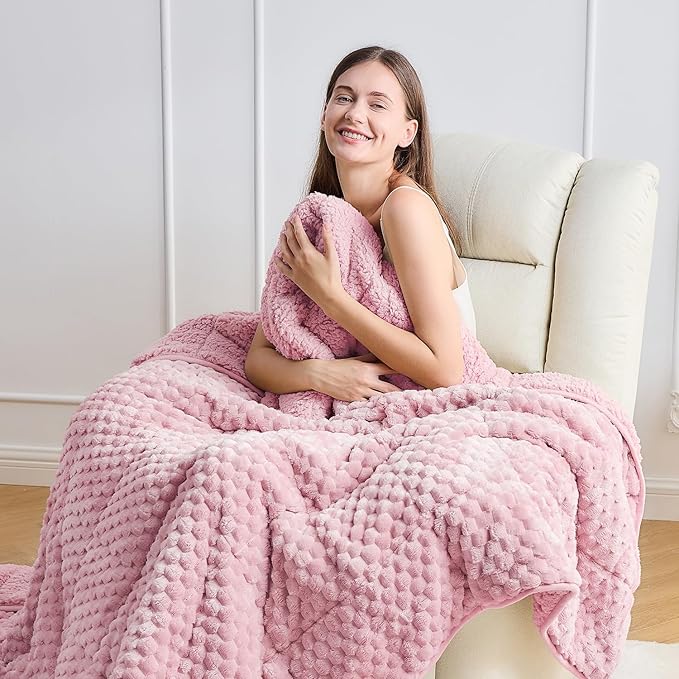 Wemore Fleece Weighted Blanket for Adults (48" x 72" 12lbs, Pink), Dual Sided Cozy Soft Sherpa Heavy Blanket, 3D Imitation Turtle Shell Warm Jacquard Flannel Weighted Blankets for Couch and Bed
