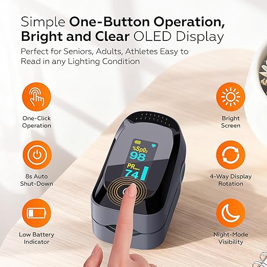 Fingertip Pulse Oximeter Blood Oxygen Monitor SpO₂, Pulse Ox & Heart Rate Monitor, Oxygen Meter with Perfusion Index (PI) & Plethysmograph Waveform, OLED Display, Case & Batteries (C101A2)