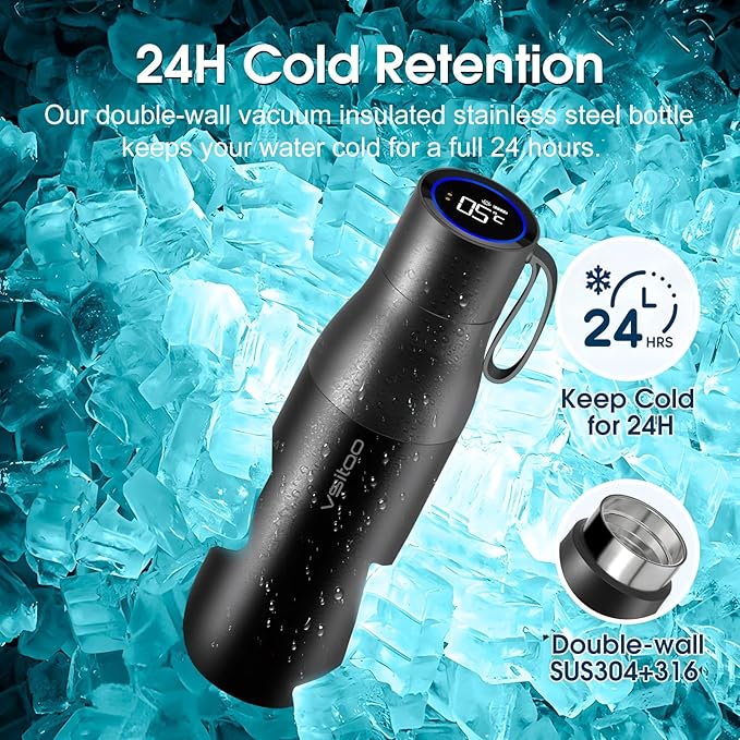 VSITOO 15oz Mini Smart Water Bottle，Self-Cleaning Insulated Bottle, Small Thermoses with AI, App & Touchscreen, Perfect Purse Water Bottle for Travel, Gym & Office, Black