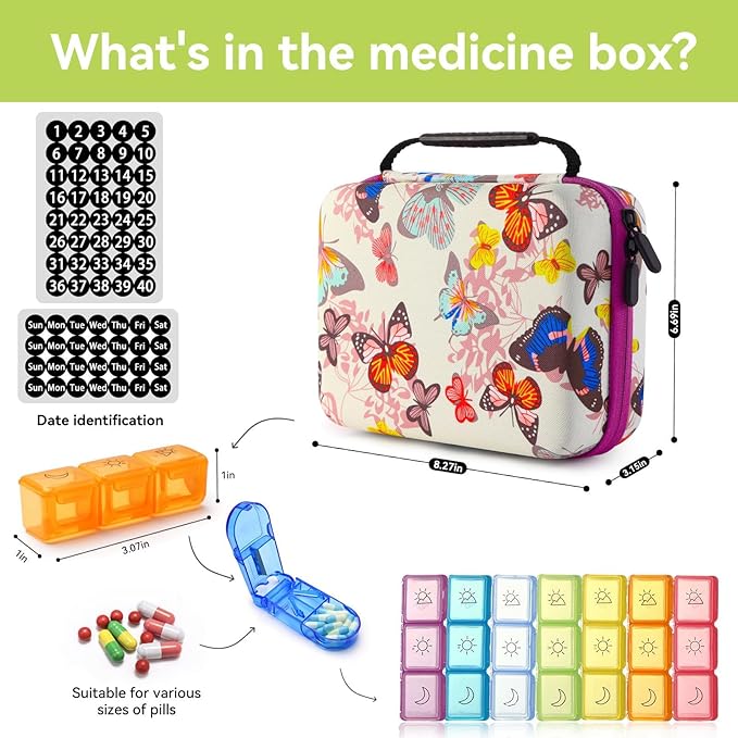 31-Day Monthly Pill Organizer with 3 Daily Compartments, Travel Medication Box with Pill Cutter, AM PM Storage Case (Butterfly 31-Day Medicine Storage Box)