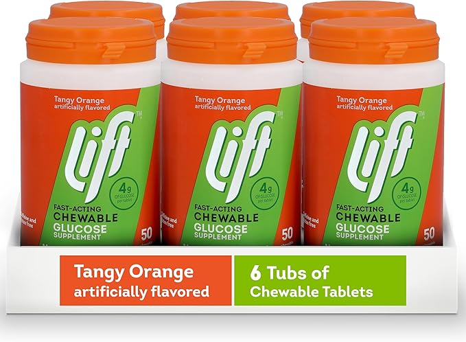 Lift Glucose Fast-Acting Glucose Chewable Energy Tablets, Orange, 50 ct Jar (Pack of 6)