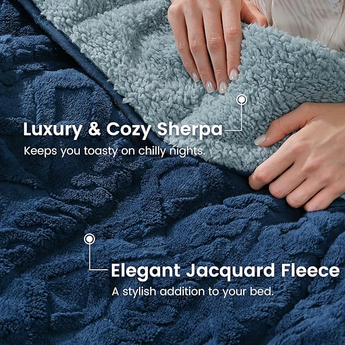 Sherpa Fleece Adult Weighted Blanket Great for Sleep, 20 lbs Dual Sided Soft Fuzzy Heavy Blankets for Couch Bed Sofa, Cozy Warm Fluffy Jacquard Throw for Winter (Navy Blue, 60" x 80", 20 Pounds)