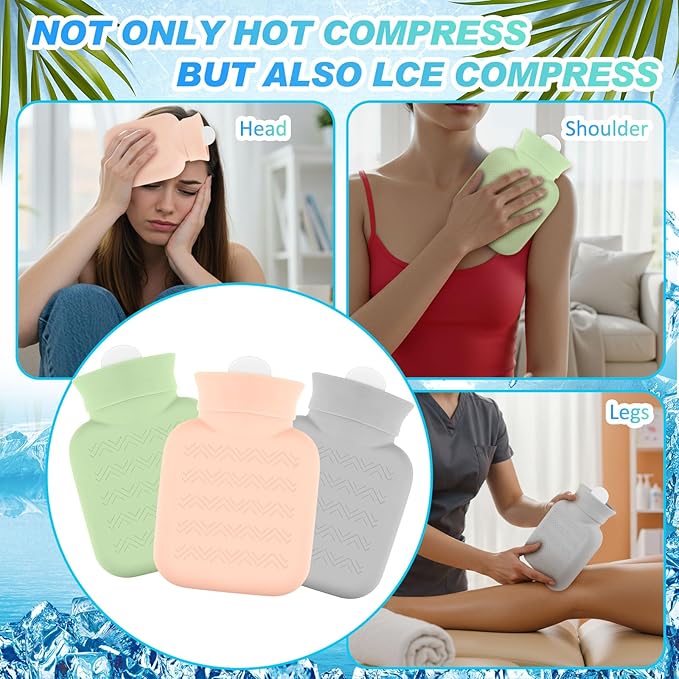 Amylove 3 Pcs Mini Hot Water Bottle for Hot & Cold Compress with Cover 320ml Silicone Microwave Heating Bottles Small Water Bag for Travel Holiday Gift(Gray, Pink, Green,Heart Print)