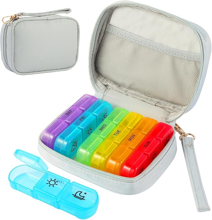Weekly Pill Organizer 3X a Day, Travel Pill Box 7 Day for Purse, Daily Pill Organizer with, Pill Dispenser Medicine Organizer for Vitamins, Fish Oils, Medications, Supplements (Grey, Medium)