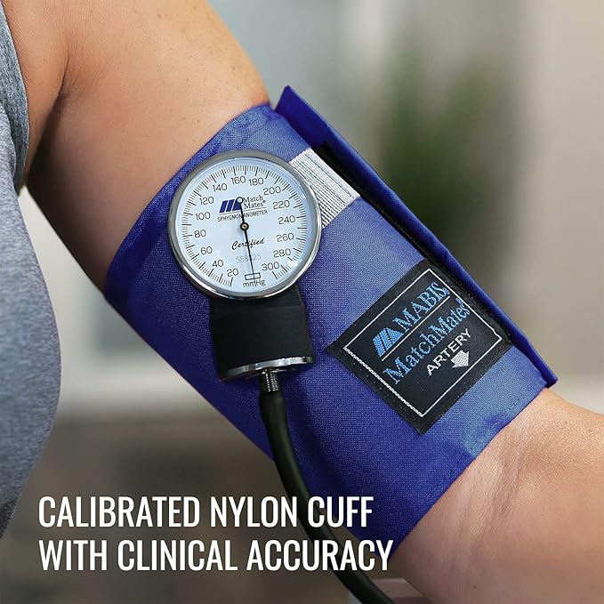 MABIS MatchMates Manual Blood Pressure Monitor Kit Aneroid Sphygmomanometer with Calibrated Nylon Cuff and Oversized Carrying Case, Adult, Royal Blue