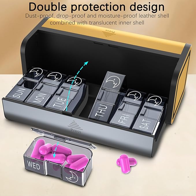 Pill Organizer 7 Day AM PM, Discreet 2 Times a Day Weekly Pill Box with Double Protection Shell, Large Capacity Portable Vitamin Case for Travel Meds & Medicine Organizer (Silver and Yellow)