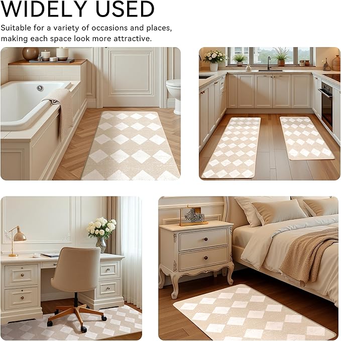 Moroccan Trellis Cream Checkered Kitchen Rug Sets [2 PCs], Anti-Fatigue, Waterproof Non-Slip Kitchen Mats Heavy Duty Ergonomic Comfort Foam Rug for Floor, Home, Laundry,17"x29"+17"x47"