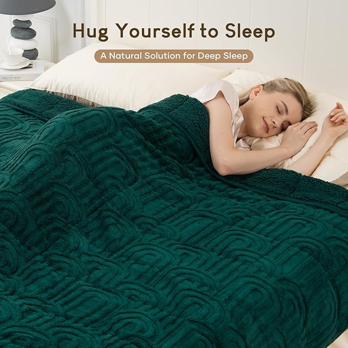 Cottonblue Jacquard Weighted Blanket for Adults 20 lbs Queen Size, Cozy Fluffy Sherpa Fleece Weighted Throw Blankets 60" x 80" for Sleep Relax, Fuzzy Warm Arch Heavy Blanket Soft for Bed Couch, Green