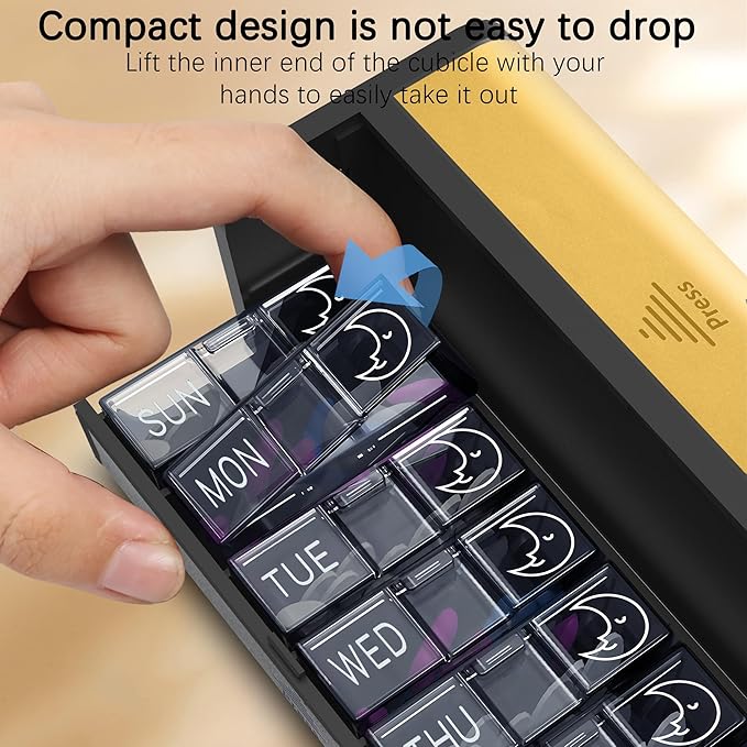 Pill Organizer 7 Day AM PM, Discreet 2 Times a Day Weekly Pill Box with Double Protection Shell, Large Capacity Portable Vitamin Case for Travel Meds & Medicine Organizer (Silver and Yellow)