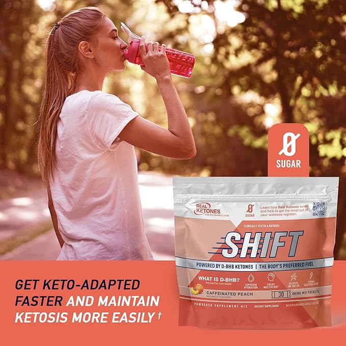 Real Ketones BHB Exogenous Ketones Drink Mix Packets Keto Electrolytes Powder Packets No Sugar with 4 Main Fasting Electrolytes Plus Hydrating Patented Keto BHB - 30 Count Peach Caffeine (Pack of 3)