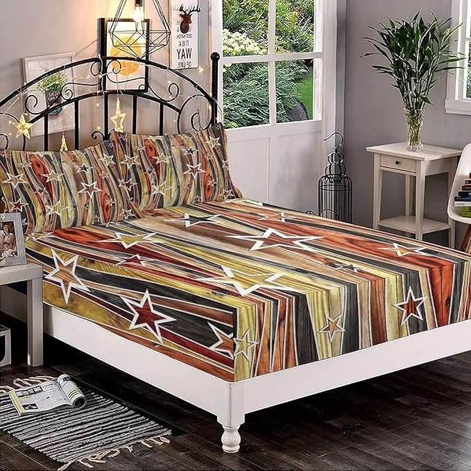 XISUNYA Decorative Bedding Sheet Set Cal-King Size, Rustic Deep Pockets Fitted Sheet & 2 Pillow Sham Set, Vertical Striped Timber Design with Various Star Figures Print Microfiber 3pc Bed Sheets Set