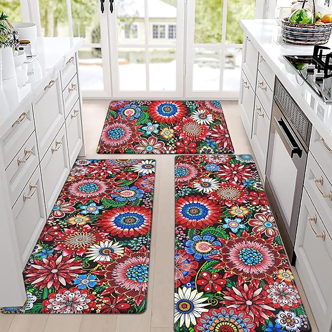Likiyol Boho Kitchen Rugs Floral Kitchen Mats for Floor Bohemian Cushioned Anti Fatigue Mats for Kitchen Floor Non Slip Washable Kitchen Mat for Home, Sink, 18''x30''+18''x48''+18''x60'', Red