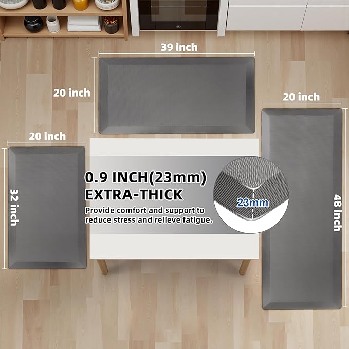 Anti Fatigue Kitchen Mats for Floor, Grey 9/10 Extra Thick Cushioned Standing Desk Mat, Comfort Memory Foam Ergonomic Kitchen Rugs and Mats Non-Slip Waterproof for Office, Kitchen, Sink, 20" x 48"